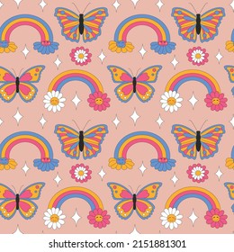 Seamless pattern with retro daisies, butterflies and sparkles. Summer rainbow simple minimalist flowers. 70 s style plants. Yellow spring daisy. Colorful background. Vector illustration.