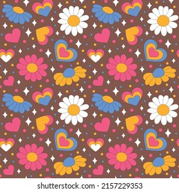 Seamless pattern with retro daisies with hearts and sparkles. Summer simple minimalist flowers. 70 s style plants. Yellow spring daisy. Colorful love background. Vector illustration.