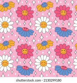 Seamless pattern with retro daisies with smiles and sparkles. Summer simple minimalist flowers. 70 s style plants. Yellow spring daisy. Colorful background. Vector illustration