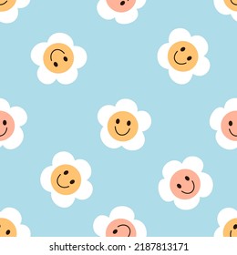 Seamless pattern with retro daisy cartoons on blue background vector illustration.