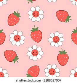 Seamless pattern with retro daisy cartoons and strawberry fruit on pink background vector illustration. Cute fruit print.