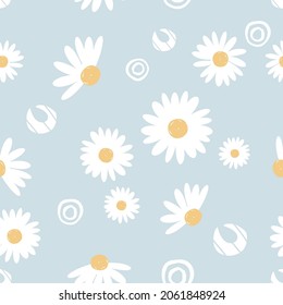 Seamless pattern with retro daisy flower and hand drawn geometric shapes on blue background vector illustration. Cute romantic floral print.