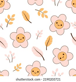 Patrón sin foco con flor de margarita retro y hojas de otoño sobre ilustración vectorial de fondo blanco. Huella infantil.