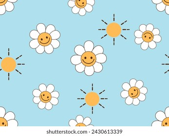 Patrón sin fisuras con dibujos animados de flores de margarita retro y sol sobre fondo azul ilustración vectorial.
