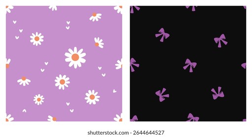 Seamless pattern with retro daisy flower and hand drawn hearts on purple background. Seamless pattern with violet ribbon bows on dark background vector.