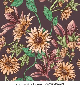 Seamless pattern of retro Daisy flowers and lily flowers in brown background