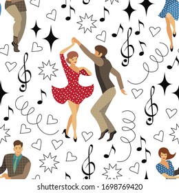 seamless pattern of retro dancers in the style of the 50s. a drawing in the style of the cartoon. it can be used for textile design and background creation. stock vector illustration. EPS 10.