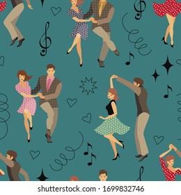 seamless pattern of retro dancers in the style of the 50s on a green background. 
a drawing in the style of the cartoon. it can be used for textile design and background creation. stock vector