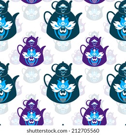 Seamless pattern with retro design china tea pots. Vector illustration of a tea theme.