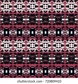 Seamless pattern retro design. Ethnic textile print with pixel flowers. Vector fashion background.