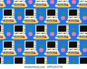 Seamless pattern with retro desktop computer with 80s-90s aesthetics. Vector background with a vintage computer for schoolchildren covered with stickers in y2k style.