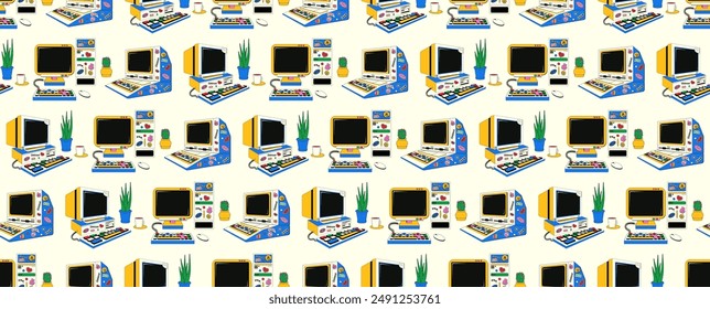 Seamless pattern with retro desktop computer with 90s-00s aesthetics. Vector background with a vintage computer for schoolchildren covered with stickers in y2k style.