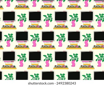 Seamless pattern with retro desktop computer with 90s-00s aesthetics. Vector background with a vintage computer for schoolchildren covered with stickers in y2k style.