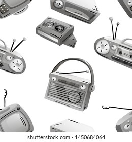 Seamless pattern with retro devices in grayscale. Vector illustration isolated on white.