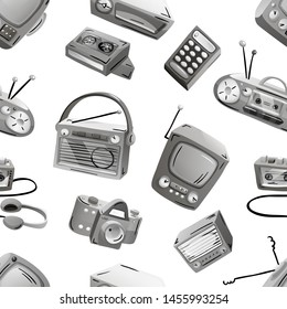 Seamless pattern with retro devices in grayscale. Vector illustration isolated on white.