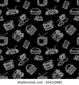 Seamless pattern with retro devices. Hand drawn black and white vector illustration.