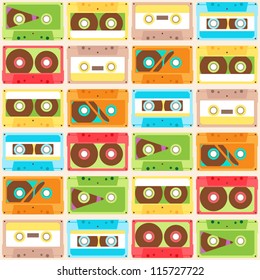 Seamless Pattern with retro different audio-cassettes. vector illustration