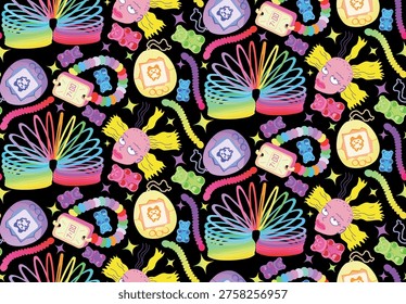 Seamless pattern with retro digital pet and rainbow spring toy on black