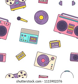Seamless pattern with retro electronic devices on white background - analog music players, cassette recorder, boombox, turntable. Flat cartoon vector illustration for wrapping paper, textile print.