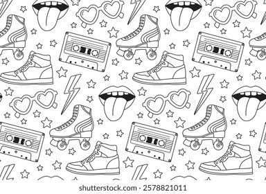 Seamless pattern with retro elements of 80s-90s. Roller skate, tape cassette, glasses, lips, sneakers and stars drawn in doodle style	