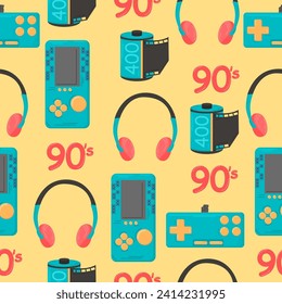 Seamless pattern of retro elements from the 90s and 80s. Antiques. Toys. Cute background. For design.