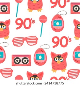 Seamless pattern of retro elements from the 90s and 80s. Antiques. Toys. Cute background. For design.