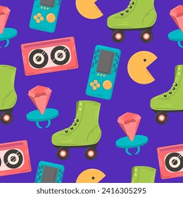 Seamless pattern of retro elements from the 90s and 80s. Antiques. Toys. Cute background. For design.