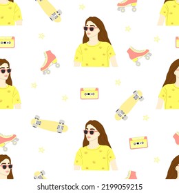 Seamless pattern with retro elements. Cute print with hipstergirl and roller skate, skate, cassette, star. Hand drawn vector illustration