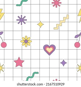 Seamless Pattern With Retro Elements And A Grid In The Style Of The 1990s. Bright Vector Wallpaper Stickers Positive