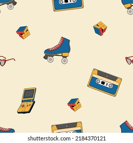 Seamless pattern retro elements. Rollers, skate, cassette, sunglasses, game. Trendy oldschool vector graphic