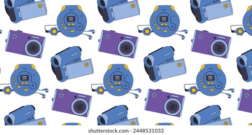 Seamless pattern with retro elements in trendy y2k style. Camera, player, video camera. Nostalgia for the 2000s. 90s 2000s elements in modern flat line style flat. Hand drawn vector illustration.
