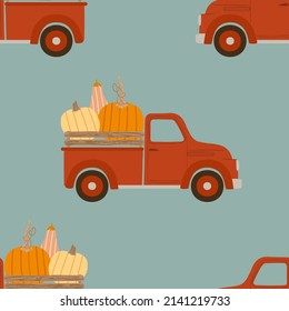 Seamless pattern with retro farm truck with pumpkins on blue background. Dusty blue digital background with vector hand drawn farm elements. Seamless pattern for kids fabric and scrapbook paper.