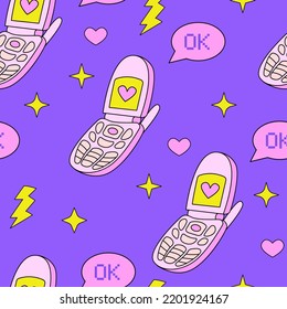 Seamless pattern with retro flip phone and cute stars and hearts in retrowave aesthetic. Vector nostalgic background in y2k, 00s, 90s concept