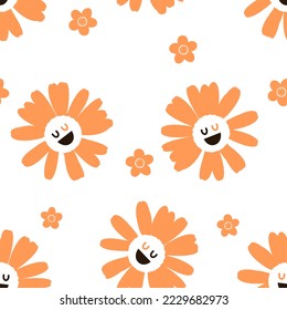 Nahtloses Muster mit Cartoons mit Retro-Blumen auf weißem Hintergrund, Vektorgrafik. Kindischer Druck. 