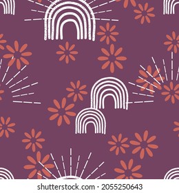 Seamless pattern with retro flower, curve line and sunray on purple background vector illustration.