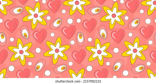 Seamless pattern with retro flowers 70. Psychedelic groovy geometric pattern with flowers. Daisy and heart hippie background. Flat vector illustration. Psychedelic wallpaper