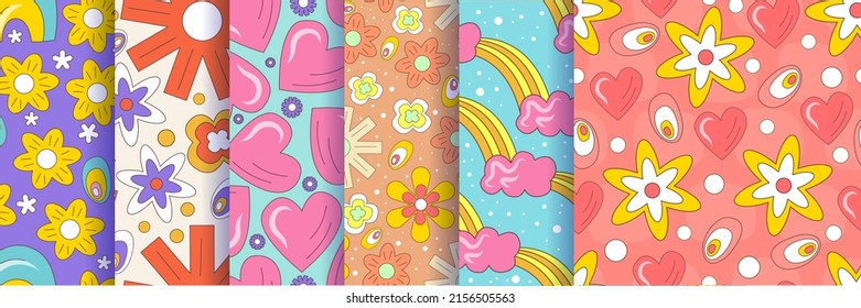 Seamless pattern with retro flowers 70s set. Psychedelic groovy geometric pattern with flowers. Rainbow, heart and daisies for hippie background. Flat vector illustration. Psychedelic wallpaper