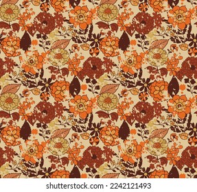 seamless pattern with retro flowers in 70s style