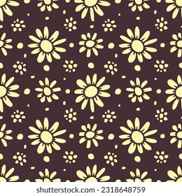 Seamless pattern with retro flowers. 70s style monochrome floral background