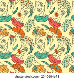 Seamless pattern with retro flowers. 70s style colorful floral background