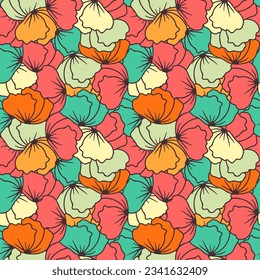 Seamless pattern with retro flowers. 70s style colorful floral background