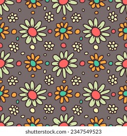 Patrón sin foco con flores retro. Fondo floral colorido estilo años 70