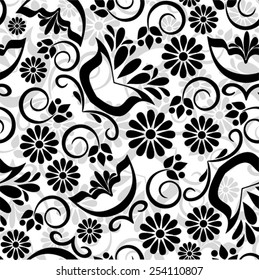 Seamless pattern with retro flowers and leaves in black and white