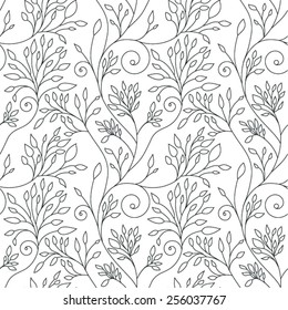 Seamless pattern with retro flowers and leaves in black and white