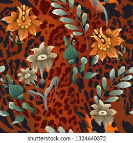 Seamless pattern with retro flowers and stylized skins of a leopard, jaguar.