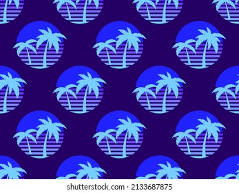 Seamless pattern with retro futuristic palm trees in 80s style at sunset. Palm trees on the background of the sun, synthwave style. Design for advertising brochures and banners. vector illustration