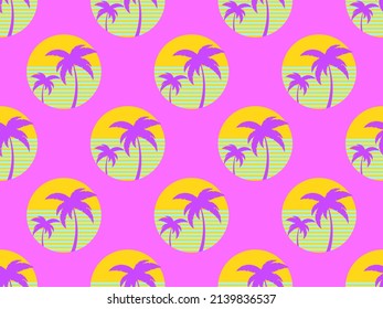 Seamless pattern with retro futuristic palm trees in 80s style at sunset. Palm trees on the background of the sun, synthwave style. Design for advertising brochures and banners. Vector illustration