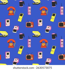 Seamless pattern with Retro Gadgets Collection. Vintage Electronics Set