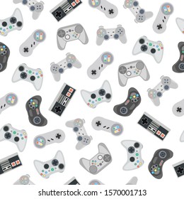 Seamless pattern with retro gamepads and joysticks isolated on white background. Vector illustration