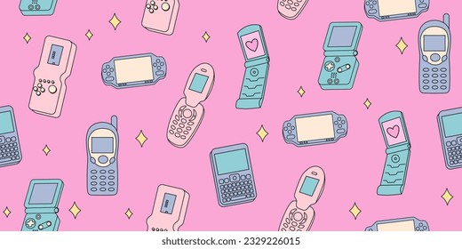 Seamless pattern with retro games, consoles, flip phone, computer. 2000s style technology. Old style gadgets. Nostalgia of 1990s, 2000s electronics devices. Y2K and retrowave style illustration